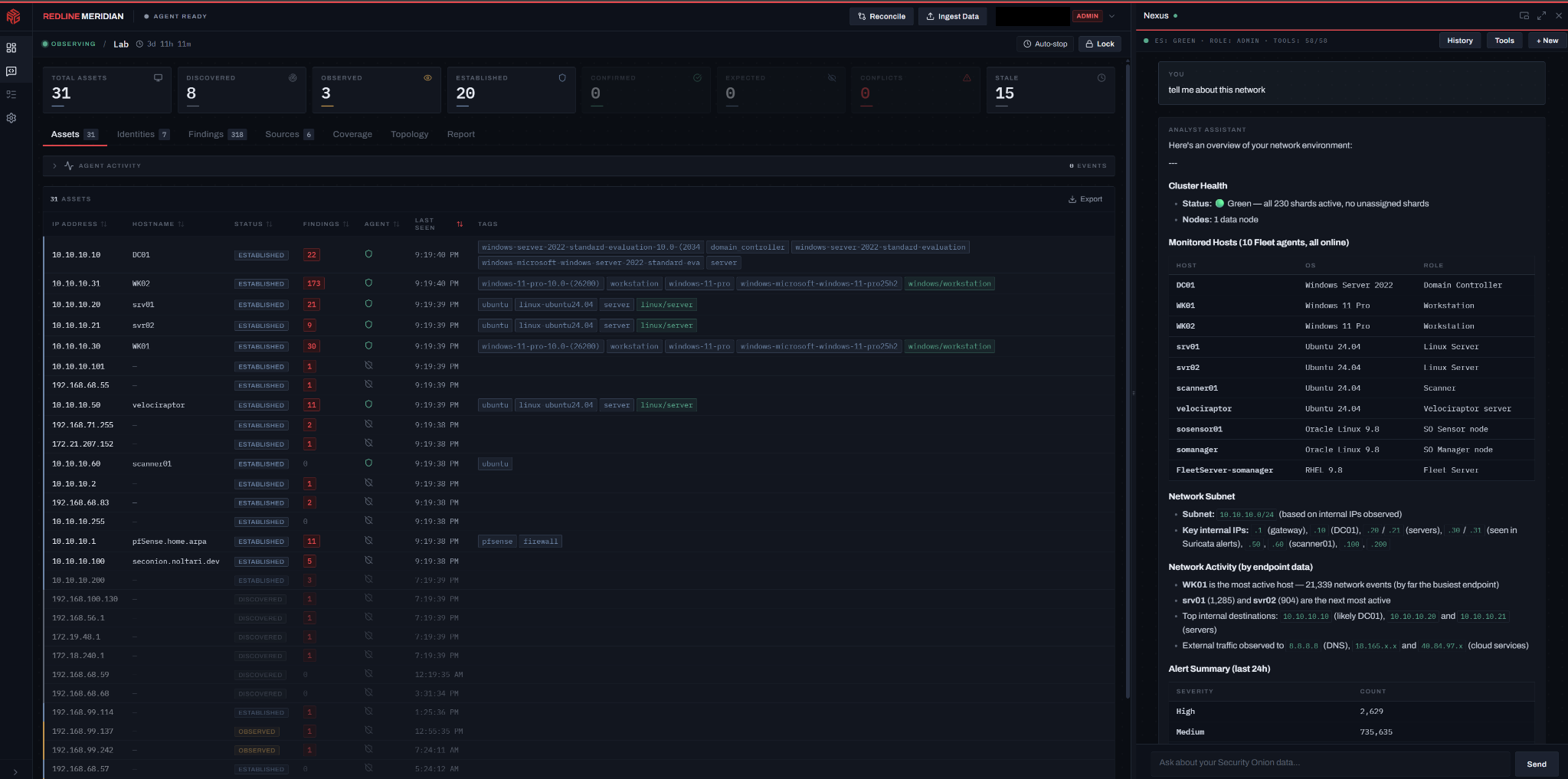 Meridian asset inventory with the integrated Nexus AI assistant explaining the network in the right-hand panel.