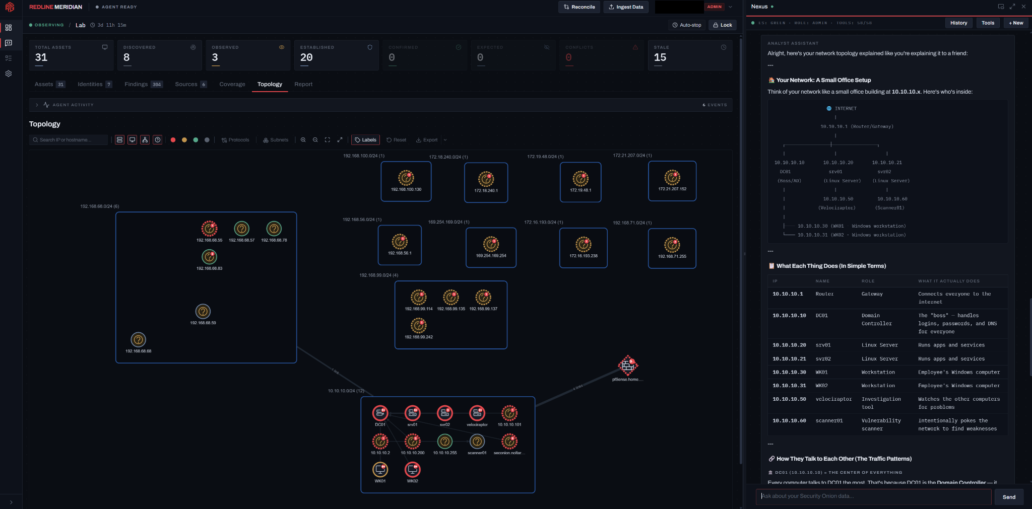 Meridian topology view showing grouped network assets and connections, with Nexus explaining the topology alongside it.